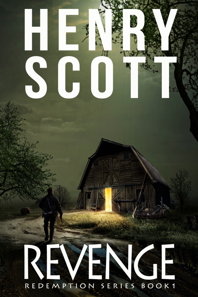 The cover of Revenge features a man with a gun walking towards the entrance to a barn. The barn door is open and a light shines out from it. 