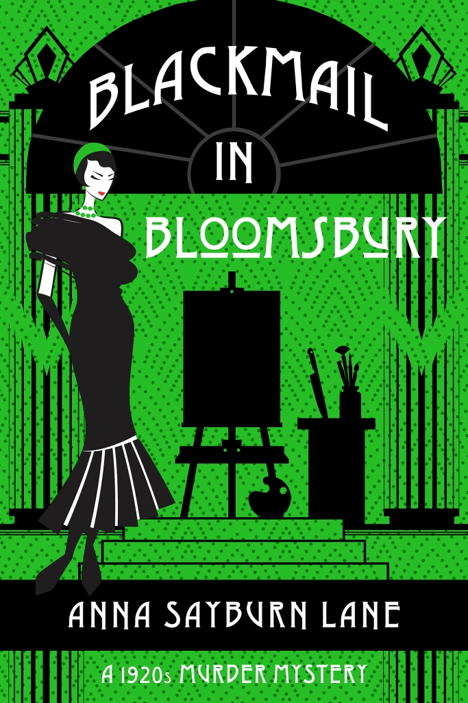 The cover of Blackmail in Bloomsbury features an art-deco style illustration of a young woman in a 1920s-style dress next to an artists easel. 