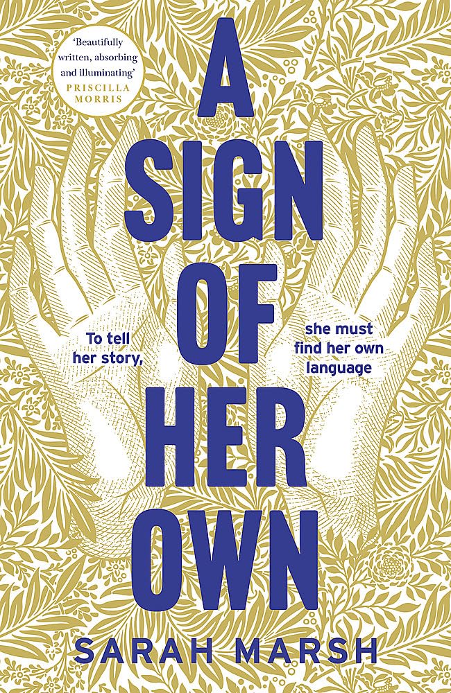 The cover of A Sign of Her Own features a pair of hands picked out in gold and opened amidst foliage