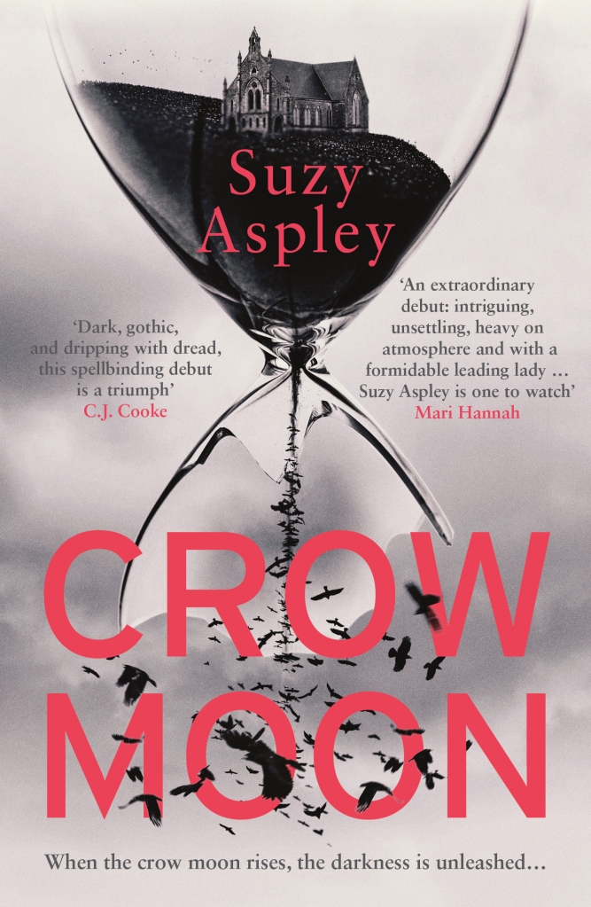 The cover of Crow Moon features a broken hourglass. Crows pour from the bottom of it and, framed in the upper half, is a church building surrounded by crows. 
