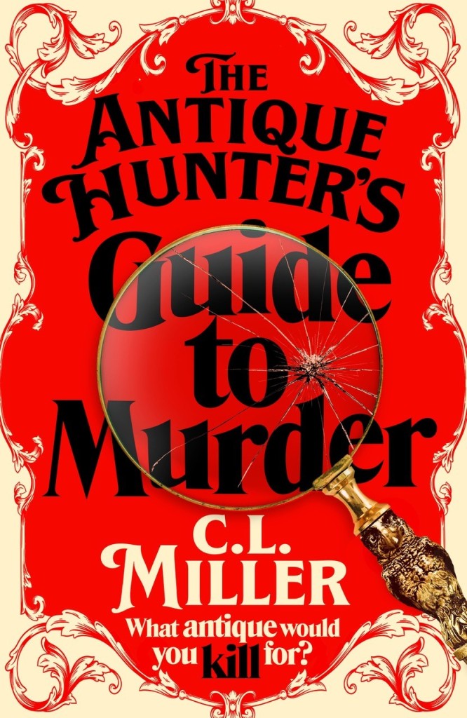 The cover of The Antique Hunter's Guide to Murder features a cracked magnifying glass with an ornate handle shaped like a bird, set against a red and cream ornate backdrop. 